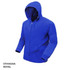 A blue hoodie with a zipper and a hood, featuring front pockets and a small logo.