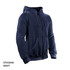 Navy hoodie with a zipper, featuring a hood and front pockets, and includes a logo.