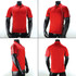 A red polo shirt with white stripes, displayed from multiple angles on a mannequin. It features a logo.