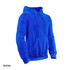 A royal blue hoodie with a front pocket and drawstring hood, featuring a logo on the front.