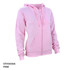 A pink zip-up hoodie featuring a hood and pockets, with a logo present on the garment.