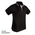 A black polo shirt with white detailing, featuring a collar and short sleeves, and a logo on the chest.