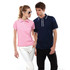 Two models wear "Blade Polos" in pink and navy blue, featuring contrasting trims and a logo on the polo shirts.