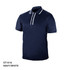 A navy polo shirt with white accents and a collar, featuring a logo on the chest.