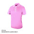 A pink polo shirt featuring a white collar and buttons, with a logo on the chest.