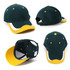 A green and yellow cap with a curved brim, featuring a logo and multiple angles of view.