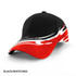 A black cap featuring a red and white wave design, with a logo on the side.