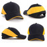 A two-layer sandwich cap in black and yellow with a logo, featuring front, side, and back views.