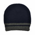 A knitted beanie in navy blue and grey, featuring a striped design and a logo on the cuff.