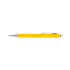 A yellow plastic pen with a silver clip and silver accents. It has a sleek, smooth design and a rounded tip.