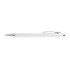 A white plastic pen with a silver clip and tip. The pen features a simple, sleek design and includes a logo.