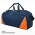 A navy duffle bag with white and orange accents, featuring a zip closure and dual handles. It has a logo.