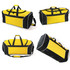 A tri-colour sports bag in yellow and black, featuring multiple views and a logo. Suitable for duffle bag use.