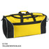 A tri-colour duffle bag in yellow, white, and black, featuring a zipper and sturdy handles. It has a logo.