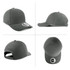 A grey cap displayed from multiple angles, featuring a logo on the side and a snapback closure at the rear.