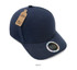 A navy cap made from 100% recycled PET with a circular badge and a hang tag.
