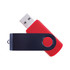A red and black USB flash drive with a swivel design and a circular knob. It has a logo on the side.