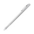A sleek silver metal pen featuring a clip and a pointed tip, with a subtle logo on the body.