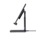 A foldable black wireless charging stand with adjustable height suitable for phones and tablets.
