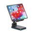 A foldable wireless charging stand in black with blue accents, holding a tablet at an adjustable angle.