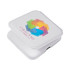 A white square compact with a colourful geometric design and a logo on the front.
