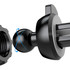 A black wireless car charger with a spherical component, showcasing a rotation mechanism for adjustable positioning.