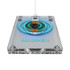 A clear acrylic wireless charger with a circular charging pad in the centre and a prominent logo.