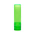 A green lip balm stick with a clear body and a twist-up mechanism. The label includes ingredient information.