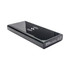 A black wireless power bank with a sleek design, featuring a logo and a smooth surface.