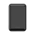 A black wireless power bank with a sleek design and indicator lights on the front. It has a branding logo.