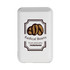 A white power bank with a coffee bean design and branding. It features LED indicator lights.