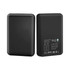A black eco-friendly power bank with a sleek design, featuring a logo and information on one side.