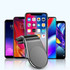 A sleek black magnetic car phone holder stands in front of a variety of smartphones in different colours and sizes.