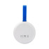 A round white charging cable kit with a blue handle, featuring a logo on the back.