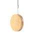 A round, bamboo charging cable kit with a grey hanging loop, designed for eco-friendly use.