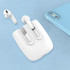 A pair of white magnetic TWS earbuds in a charging case, alongside a blue smartphone.