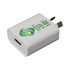 A white USB wall charger with a green logo, designed for quick charging. Suitable for travel adapters.