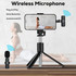 A wireless microphone with a black design, positioned on a tripod, next to a smartphone displaying a person in a yoga pose.