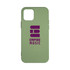A TPU iPhone case in olive green with a purple logo and branding.