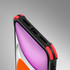 A rugged black iPhone case with red accents, showcasing the top edge and charging port area.
