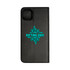 A black Bronte Folio iPhone case with a turquoise logo design and a textured finish.
