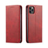 A red leather folio case for iPhone, featuring a sleek design with a branding logo and a magnetic closure.