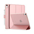 A rose gold iPad case with a foldable cover, featuring a slot for a stylus and a logo on the back.