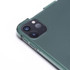 A dark green iPad case with a clear backing, featuring cutouts for the camera and buttons, along with a logo.