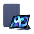 A navy blue iPad case with a foldable stand, designed for tablet protection and featuring a logo.