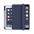 A navy tablet case with a foldable cover, featuring a stylus and open iPad interface.