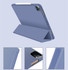 A blue iPad case with a stand feature and a slot for a stylus, showcasing various angles.