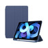 A navy blue iPad case with a foldable cover, designed to accommodate the tablet securely. Features a logo.