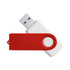 A red and white USB flash drive with a swivel design and a push-button mechanism.