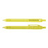A pair of bright yellow plastic pens featuring a clip and a branding logo.
